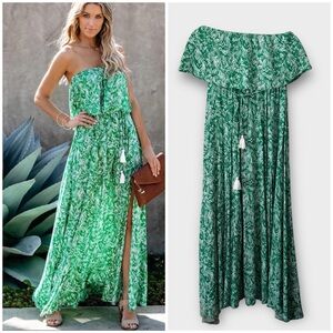 Aakaa green leaf sleeveless layered boho summer maxi dress, size small